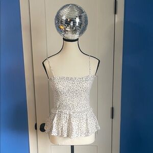 Paper Crane White Smocked Peplum Cami with Black Dot Print